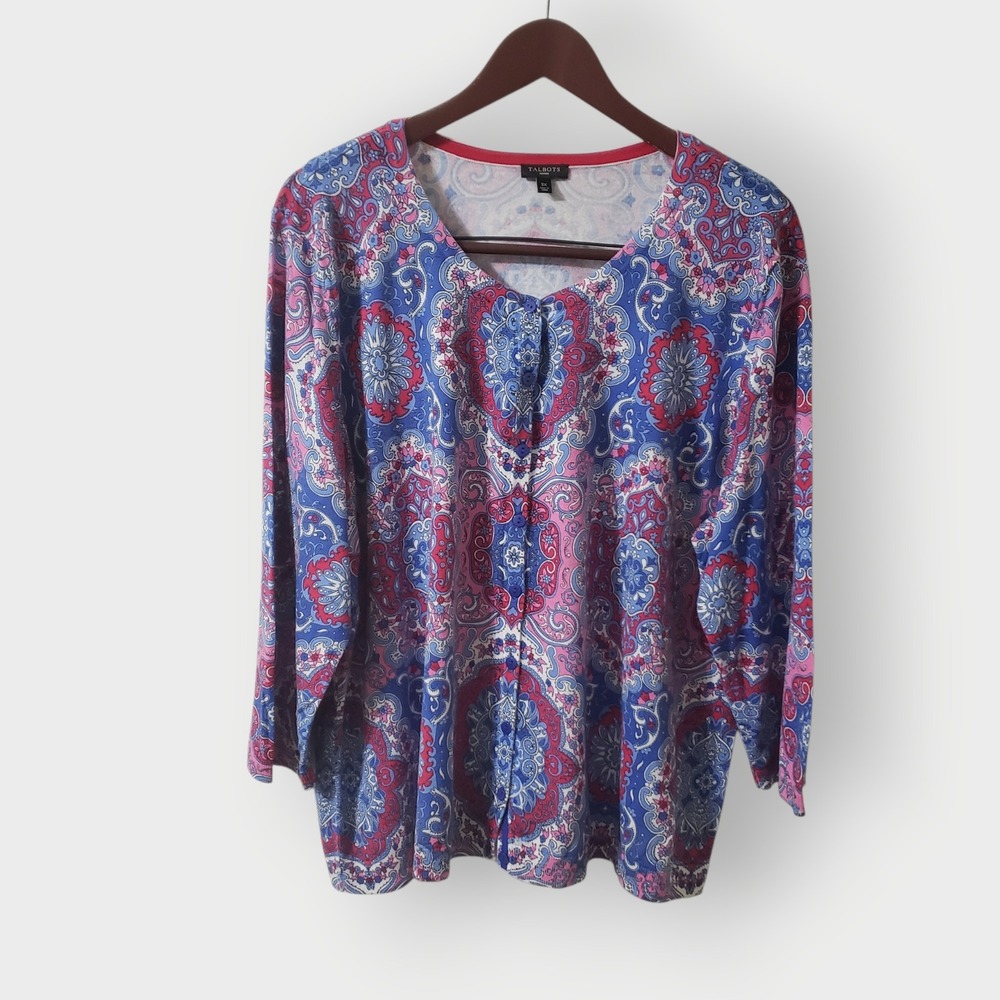Talbots Woman 3X Paisley‎ Cardigan Artsy Cotton Blend Button Front Multicolor
